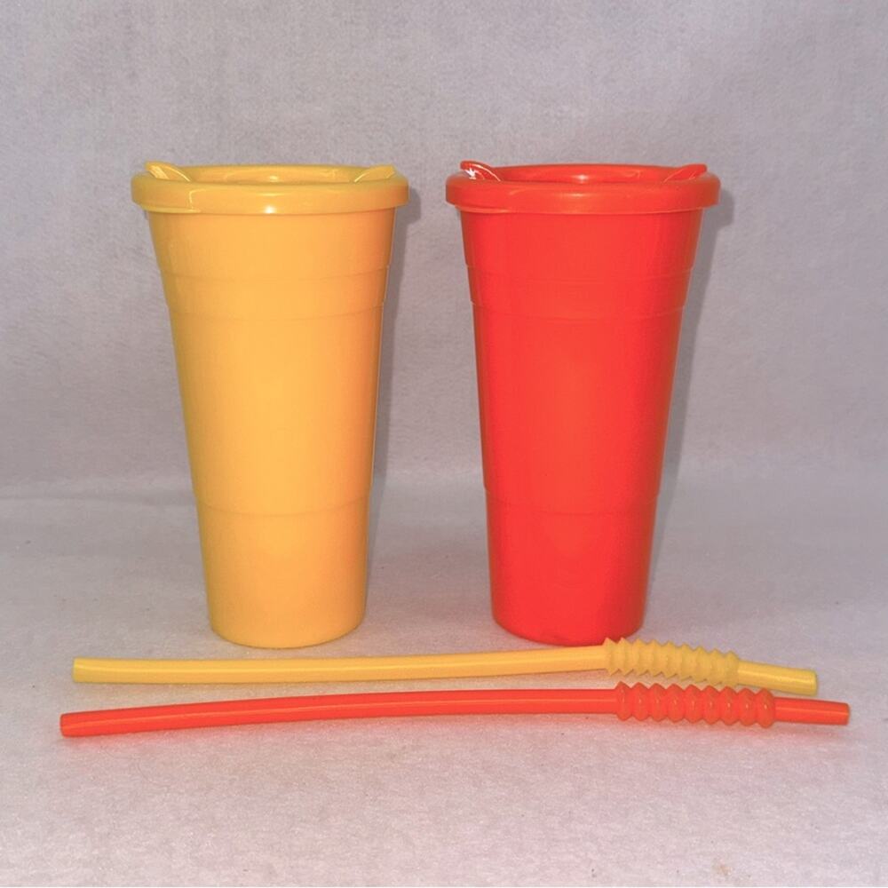 EUC Royal Caribbean Reusable Refillable Plastic Tumblers & Straws Yellow Orange